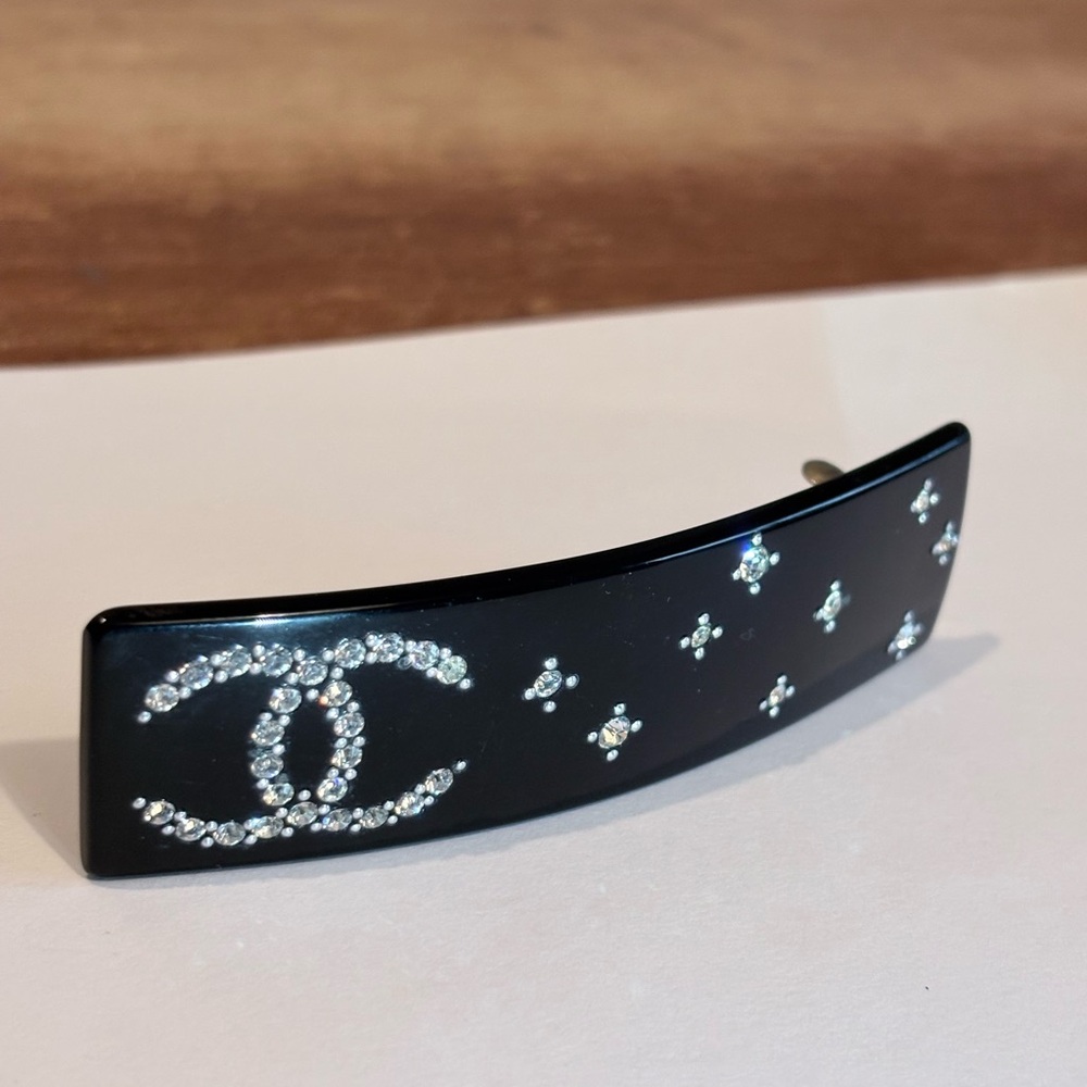 CHANEL Black Hair Clip with Sparkling Crystal Details